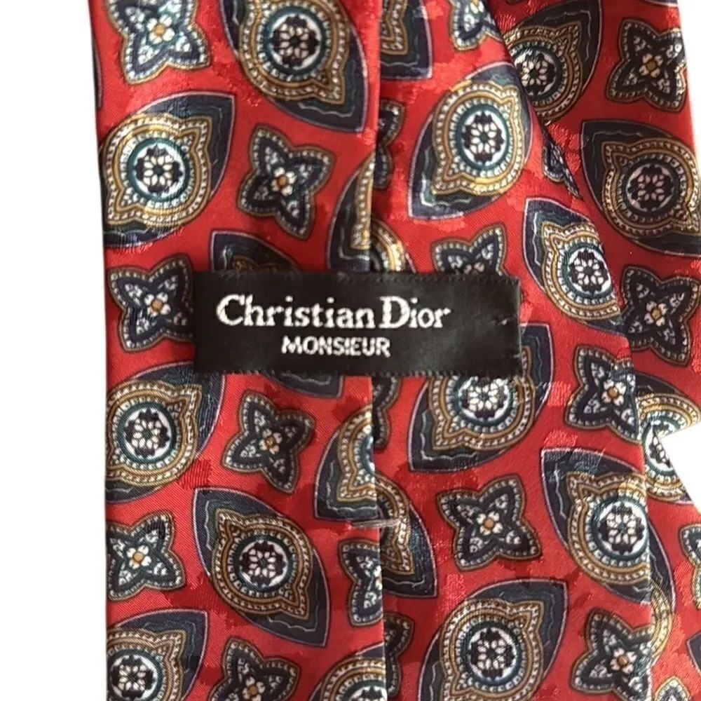 Vintage Christian Dior Monsieur Red Geometric Print Paisley Tie